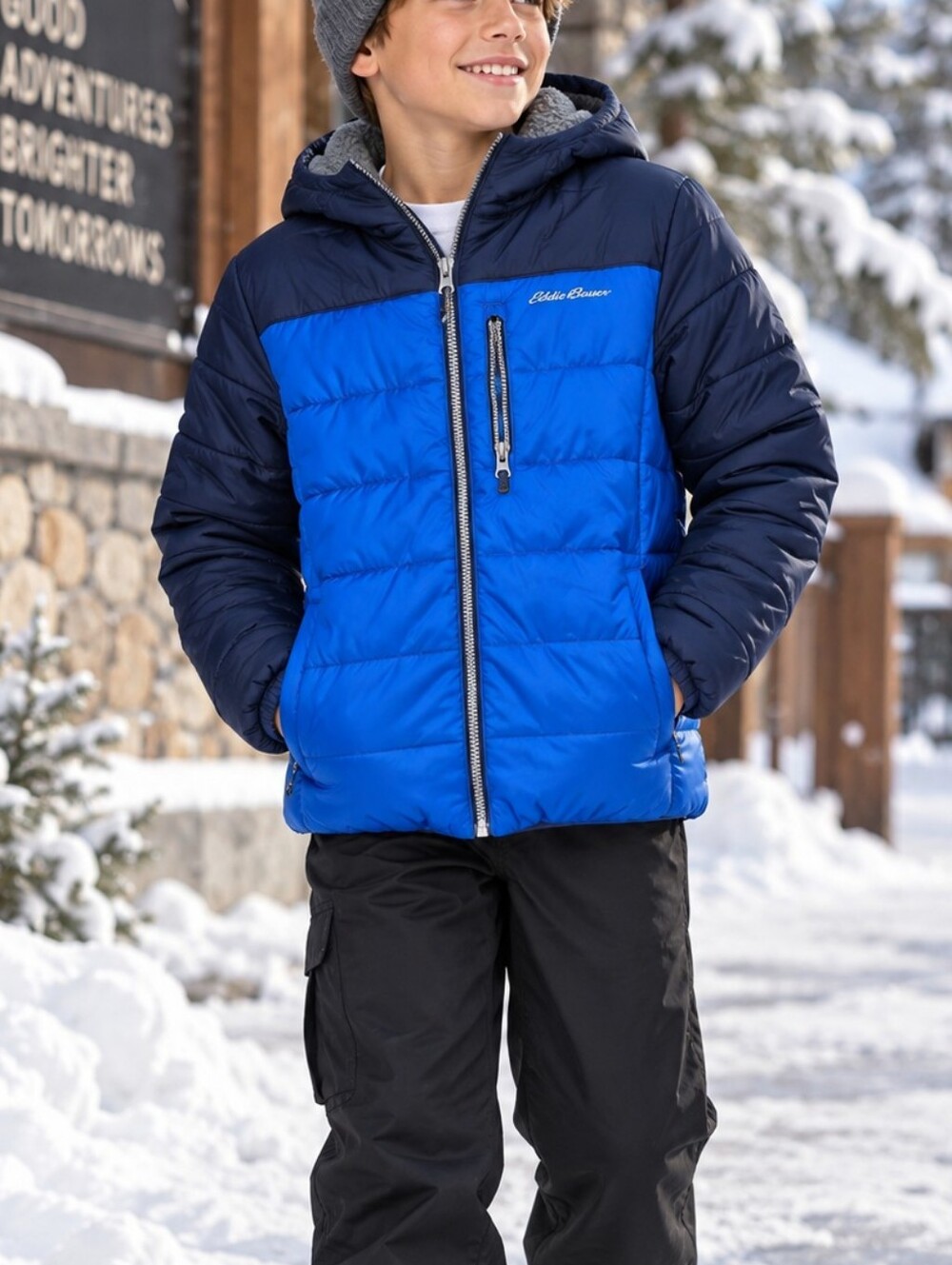 Eddie Bauer Boys L 10/12 Colorblock Hooded Puffer Jacket Quilted Winter
